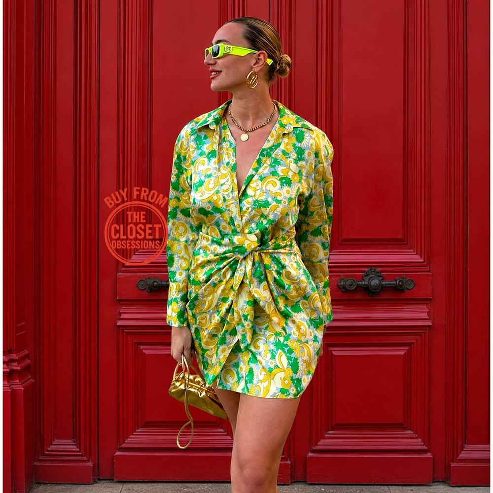 Zara NWT Green Yellow Tropical Wrap Mini Dress Resort Vacation S